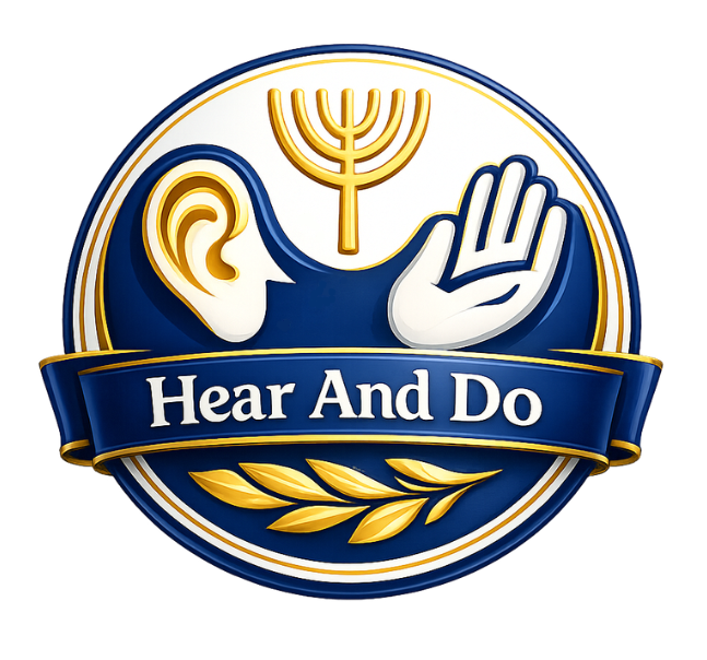Hear And Do Ministries seal — ear, hand, menorah, and olive branch